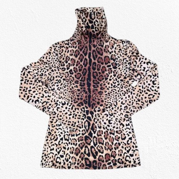 Boston Proper Tan Black Animal Print Leopard Print Turtleneck Top Size Small - Picture 2 of 8
